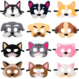 GROBRO7 12 Pack Dog Cat Felt Toy Masks for Kids, Animals Cosplay Costume Masks, Puppy Kitty Pretend Play Accessories, Role Playing Game Props, Dog Cat Theme Birthday Dress-Up Party Favor Decoration