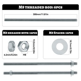 AIMEKE Pack of 6 M8 Threaded Rods, 300 mm Threaded Rods, Galvanised Steel Threaded Rod, Threaded Rods with Metric Full Thread with 12 M8 Nuts and 12 Washers (Silver)