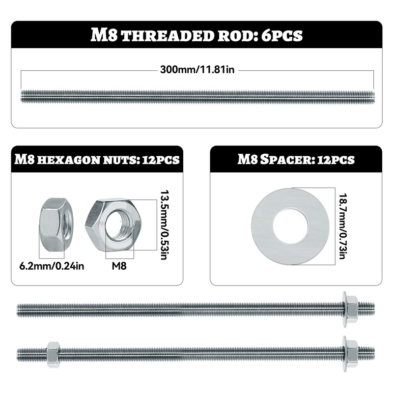 AIMEKE Pack of 6 M8 Threaded Rods, 300 mm Threaded