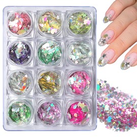 Lifextol 12 Grids Nail Glitter for Nail Art Supplies, Chunky Glitter Acrylic Powder Fine Glitter Nails Decorations for Nail Art Foil, Holographic Glitter Shapes Nail Sequins for Body, Hair Glitter-C