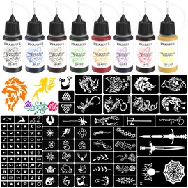 PFARRER Temporary Kit 8 Bottles Color Temporary DIY Ink,105 Pcs Stencils Kit for Body Paint Fake Tattoos for Kids&Women (Black,Red,Green,Blue,Yellow,Purple,Brown,Orange)