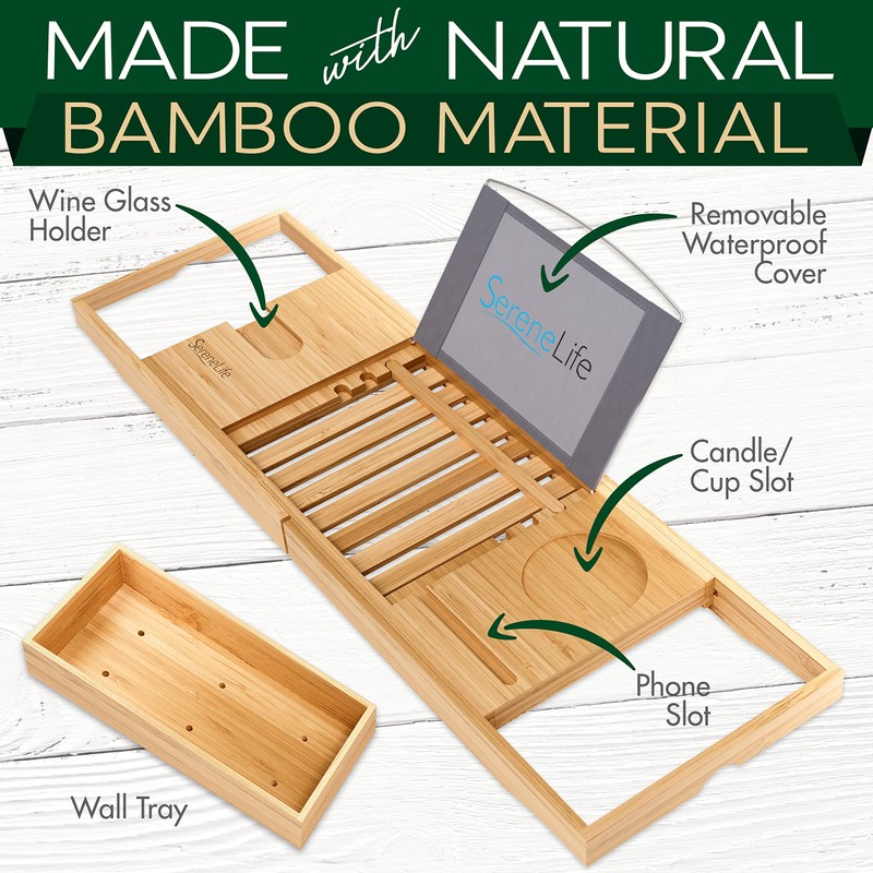 SereneLife Luxury Bamboo Bathtub Caddy Tray - Adjustable Natural Wood