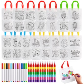 VINEST 15Pcs DIY Graffiti Bags, Non-Woven Party Bags for Kids Party, Colour Your Own Kids Party Bags, Reusable Colouring Bag with 10 Stacking Crayons, Arts Crafts for Birthday Christmas DIY Gifts