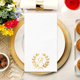 100Pcs Gold Monogram Napkins Letter R 3-Ply Disposable Elegant Initial Paper Towels for Bathroom Wedding Bridal Shower Kitchen Birthday Party Decorative Napkins