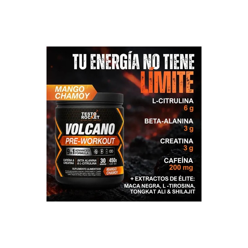 Testo Rocket Volcano Pre Entreno Pre Workout Supplement Mango Chamoy,