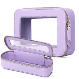 Pinkmik Travel Clear Makeup Bag with Brush Case TSA Approved Toiletry Bag Waterproof Cosmetic Organizer with Zipper Car Essential for Women (X/Purple, M+SLIM)