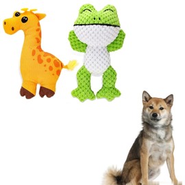 Dog Plush Toy, Pet Squeak Toy, Teeth Grinding & Cleaning Relief Anxiety Durable Interactive Giraffe and Frog Design, 18 cm and 19 cm, for Puppy, Small and Medium Dogs