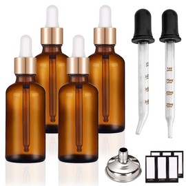 PrettyCare Set of 4, 1 oz Dropper Bottles with Golden Caps, Labels, Funnel & 2 Extra Dropper - 30 ml Thick Dark Amber Glass Empty Tincture Bottles for Personal Care & Beauty