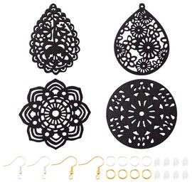 PandaHall 6 Pieces Natural Wood Filigree Flower Earrings Black Teardrop Flat Round Wood Pendants for Boho Earrings Jewelry Making