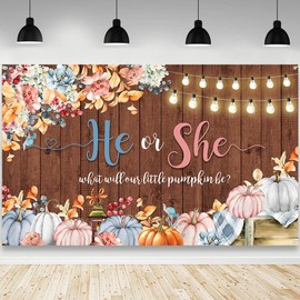 AIBIIN Pumpkin Gender Reveal Backdrop He or She What Will Our Little Pumpkin Be Photography Background Rustic Wood Fall Gender Reveal Party Decorations Photo Booth Props 70.8 x 43.3 inch