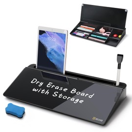 SELEAD Desktop Glass Whiteboard with Organizer, Markers, Eraser - Dry Erase Board Computer Pad Keyboard Stand with Drawer and Holder for Home, School, Office - Black