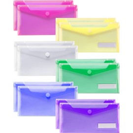 Sooez Small Plastic Envelopes, 12 Pack Plastic Pouch with Label Pocket, Pencil Pouch, Reusable Envelopes,Pencil Case Bulk, Money Envelopes, 9.4 x 4.7 Inches