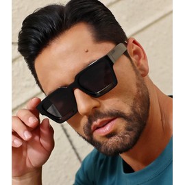 Pro Acme Square Sunglasses for Men Women,Thick Frame Sun Glasses Simple Designer Style Shades(Black + Black Orange + Translucent Grey)