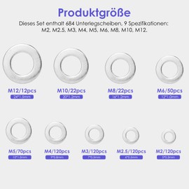 Flat Washers Set Stainless Steel 684 Pieces with Assortment Box Total 9 Different Sizes M2 M2.5 M3 M4 M5 M6 M8 M10 M12 Flat Lock Washers Body Washers for Screws Nuts