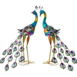Peacock Garden Statues Metal Peacocks Sculptures for Outdoor Backyard Decor Patio Lawn Porch Yard Decoration (Pack of 2, Blue)