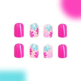 Short Press on Nails Square Fake Nails with Flowers Designs Bright Pink Full Cover Acrylic Nails Glossy Colorful Artificial False Nails Summer Stick on Nails for Women 24 Pcs