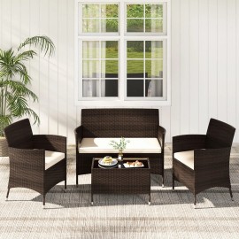COSTWAY 4 Pieces Comfortable Outdoor Rattan Patio Garden Sofa Set w/ Glass Coffee Table