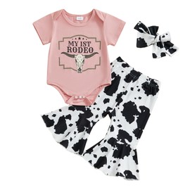Kayotuas Western Baby Girl Clothes Summer Cowgirl Outfit Short Sleeve Romper Bow Boots Cow Print Flared Bell Bottom Pants Set, Pink, 0-3 Months