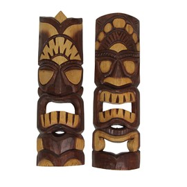Zeckos Hand Carved Natural Stained Wood Polynesian Style Tiki Wall Hanging Masks 20 inch Set of 2 Tropical Décor