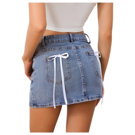 MakeMeChic Women's Denim Skirt High Waist Bow Pocket Bodycon Y2K Mini Jean Skirts Light Wash Small