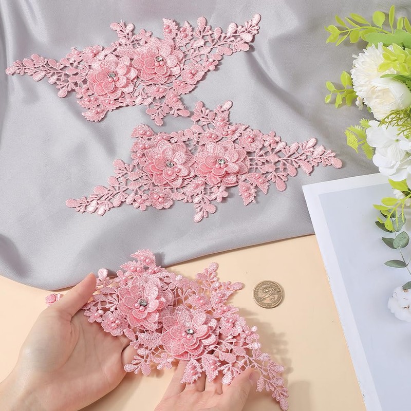 CABODYALS 2 Pairs 4Pcs Pink Floral Embroidery Applique Beaded 3D