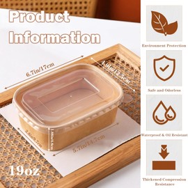 ZILAMGOO 50-Pack 19oz Paper Meal Prep Containers with Lids – Leakproof Rectangular Biodegradable Takeout Boxes for Salads, Ice Cream, Meal Prep & Parties(Microwave & Fridge Safe)