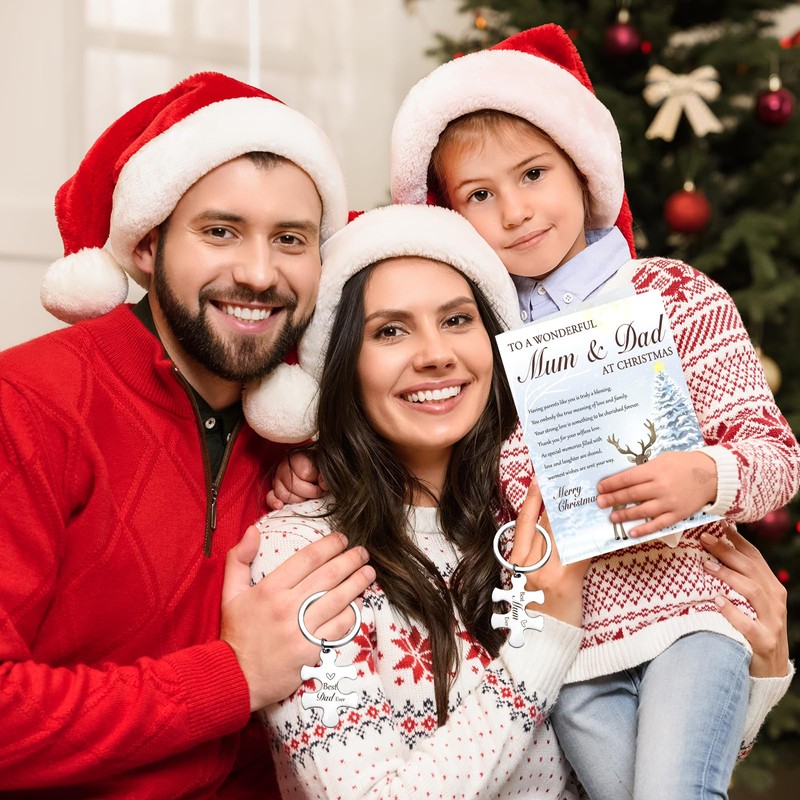 DPKOW Mum and Dad Christmas Card Keyring Gifts, Christmas Card