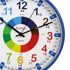Kiddus Kid’s Wall Clock Analogue Time Teacher with Time Learning Exercises, Silent Clock, Multiple Languages, German, XL Blue