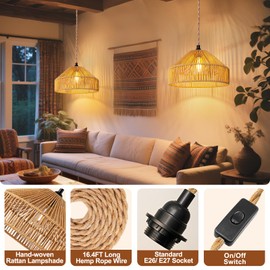 Hanging Lamps Rattan Pendant Light Hanging Lights 16.4ft Plug in Cord Pendant Light Fixture Plug Into Wall Outlet Pendant Lighting with On Off Switch for Bedroom Living (Mongolian Yurt)