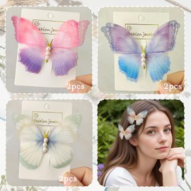NiceYnn 6pcs Double Layered Butterfly Hair Clip with Pearl, Thin Lace Flutter Butterfly Alligator Clip Moving Fairy Wings Duckbill Hair Barrettes for Women Teens Girls Thick Fine Long Short Hair