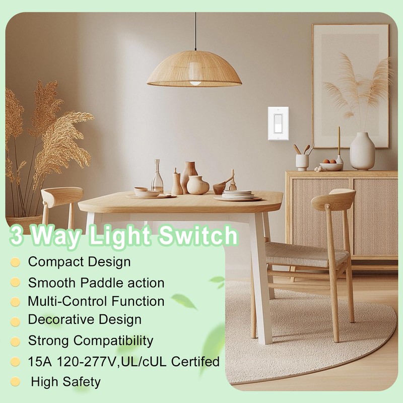 Kcmytoner 3 Way Light Switch, 15A 120-277V Rocker Paddle, Single
