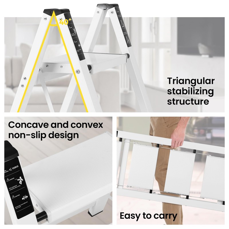 FAHKNS White 4 Step Ladder, Aluminum Light Folding 4 Step