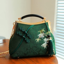 Anopo Women's Embroidered Clutch Chinese Style Vintage Handbag with Tassel Pendant Shoulder Bag for Hanfu Cheongsam, dark green