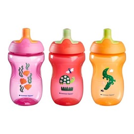 Tommee Tippee Vaso Entrenador Sportee para Bebé, 12+ Meses, 300 ml (10 oz), Boquilla Antiderrames, Colores Morado, Rojo y Naranja, Paquete de 3