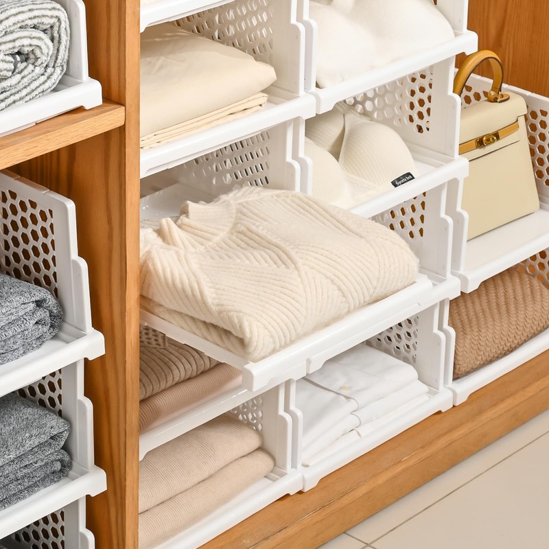 Pull-out Plastic Storage Basket,Stackable Closet Organizers Drawer Anti-Tipping, Reinforced Stable