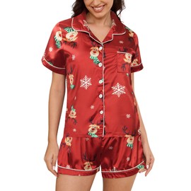 MyFav Womens Christmas Print Pyjamas Set Contrast Piping Satin Silk Button Down Top and Shorts Sleepwear Xmas Party Nightwear,Red Deer,L
