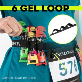VeloChampion Running Waistpack Belt – Elastic Stretch Fit with Clip Fastening for Triathlon, Marathon, Cycling & Race Number Holder (Adult S/M + Gel Loops, 1)