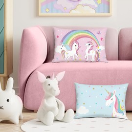 Bonhause Set of 2 Unicorn Cushion Covers, 30 x 50 cm, Rainbow Blue, Pink, Decorative Cushion Covers for Sofa, Couch, Home, Children's Room Decoration