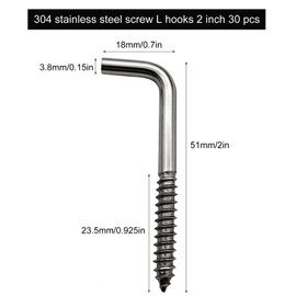 IDEALSV 304 Stainless Steel Screw in Hooks 2 Inch 7 Shape Screw Hooks 30 Pcs L Shape Hook Picture Frame Hooks M3.8