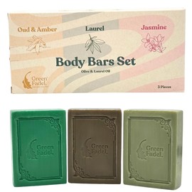 Green Fadel Aleppo Soap Set of 3 - Laurel, Oud & Amber, Jasmine - Handmade, Vegan Natural Soap for Face & Body - Shower Soap - Natural Care