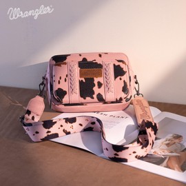 Wrangler Cow Print Crossbody Bag for Women Western Cowgirl Crossbody Purses with Guitar Strap, Pink