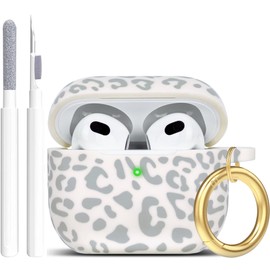 Silicone Leopard Compatible with AirPods 3 Case 2021, Gawnock Soft Case Compatible with AirPods 3rd Generation Floral Print Cover for Women Girls with Keychain (Beige Leopard)