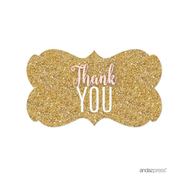 Andaz Press Signature Blush Pink, White, Gold Glitter Party Collection, Fancy Frame Labels Stickers, Thank You!, 36-Pack