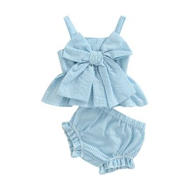 LYSINK Toddler Baby Girls Summer 2pcs Outfit Sleeveless Pleated Cutout Floral Tank Tops Stretch Ruffle Bloomers Shorts Sets (B-a-Blue, 9-12 Months)