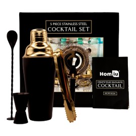 Homiu Cocktail Shaker Set Black and Gold 5-Piece, Stainless Steel Contains Shaker, Double Jigger, Ice Tongs, Strainer, Bar Spoon, and Cocktail Recipe Book in Gift Box, Bartender Accessories