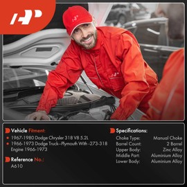 A-Premium 2 Barrel Carburetor Compatible with Dodge Chrysler 318 1967-1980 5.2L, Plymouth 1966-1973 with -273-318 Engine, Replace# A610, EA-8871-12422, Mechanical Choke