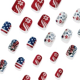 4th of July Press on Nails Short Petite Cute Fake Nails Red Blue Star American Flag Designs Independence Day False Nails Freedom Patriotic Acrylic Nails Square Reusable Glue on Nails for Women 24Pcs