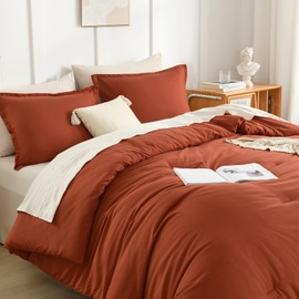 Litanika Comforter King Size Bed Set Burnt Orange, 3 Pieces Terracotta Boho Lightweight Fluffy Solid Bedding Comforter Set, Rust All Season (104x90In Comforter & 2 Pillowcases)