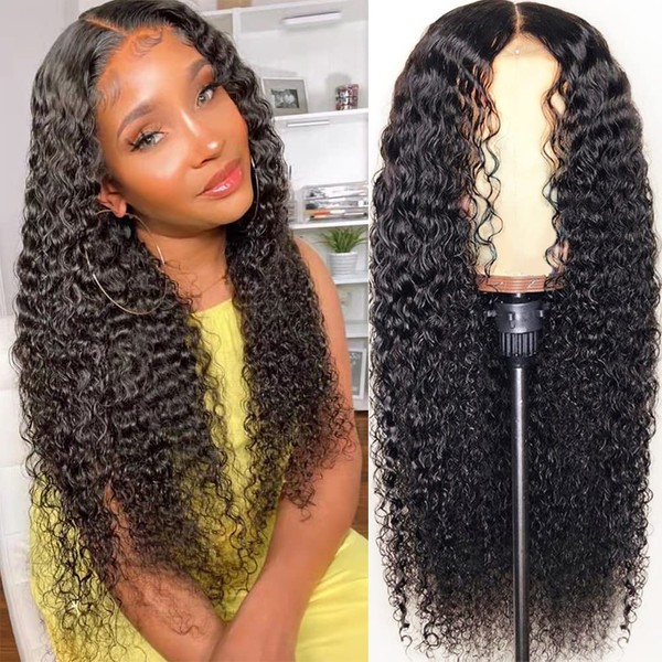 Iris Queen Curly Lace Front Wigs Human Hair Pre Plucked Natural Black Glueless 10A 180 Density Kinky Curly Brazilian Lace Closure Human Hair Wigs for Black Women(22 inch)