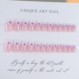 XZMeiLun Pink Press On Nails Short Square for Women, Spring Summer Acrylic Nails - Floral Flower Designer Fake Nails Press Ons 24Pcs, Soft Gel Nail Outing/Party Reusable Glue On Stick On Nail Gift